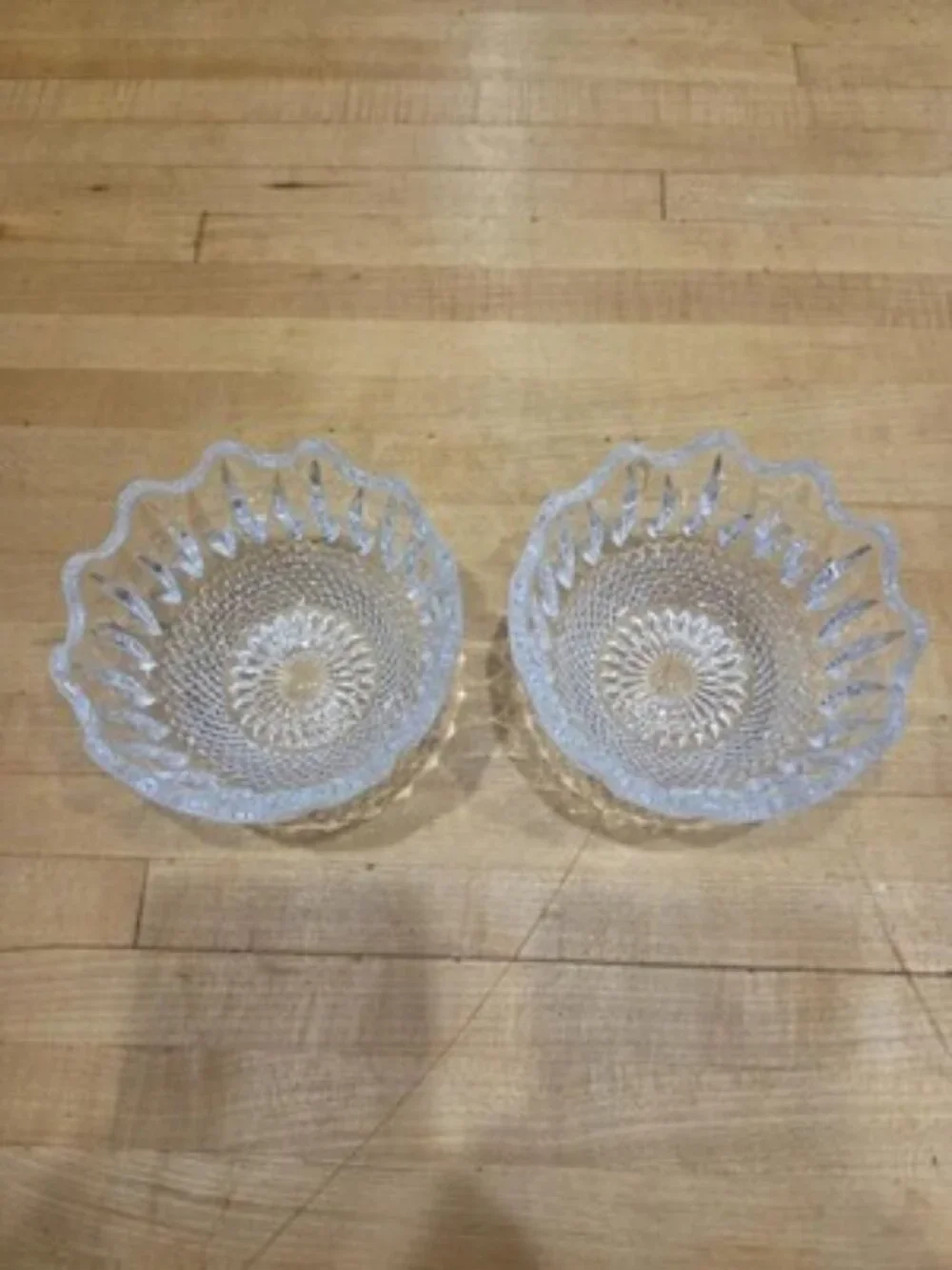 Vintage 24% Lead Crystal Ruffled Dessert Bowls Heavy Starburst Pair Set 2